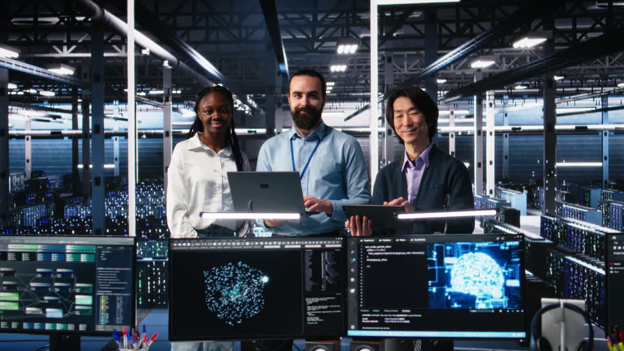 Portrait Of Smiling Engineers In Data Center Code With Generative Ai