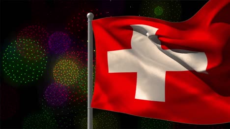 Animation-of-flag-of-switzerland-over-shapes-and-fireworks-on-black-backrgound