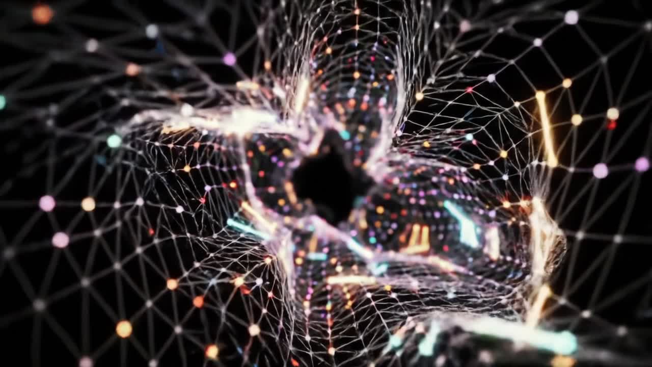 Exploring the Depths of a Colorful Geometric Web: A Journey Through a Vibrant, Abstract Tunnel of Light and Connectivity
