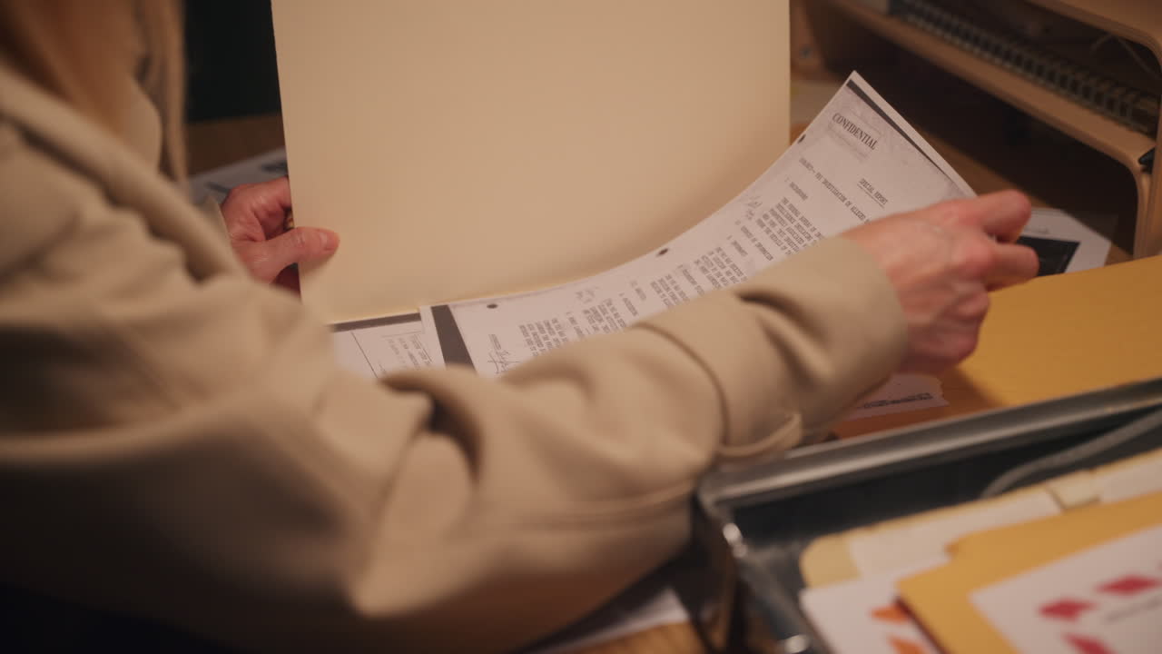 Close-up of a woman opening a folder filled with classified or confidential documents. Papers marked with red stamps, suggesting secret files, intelligence reports, or sensitive government material