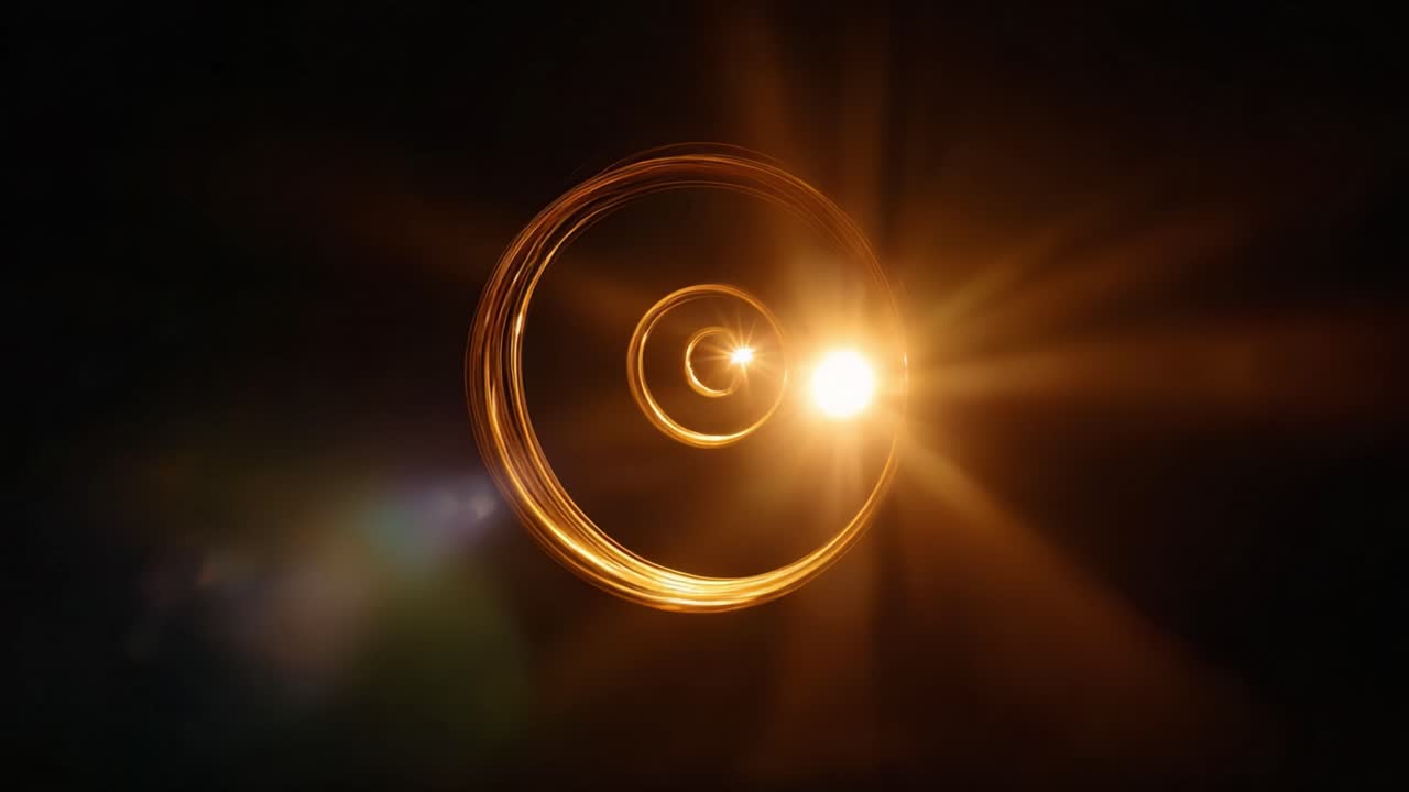 Abstracte lichtspiraal: een boeiende reis door gebogen lichtpatronen met stralende bollen die de essentie van beweging en belichting in de duisternis laten zien