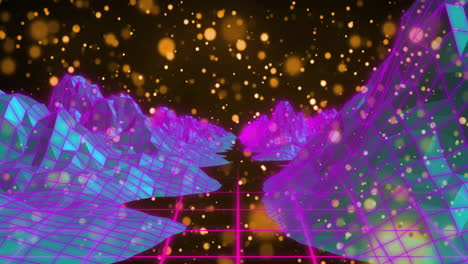 creating retro futuristic scene, glowing particles forming neon grid landscape