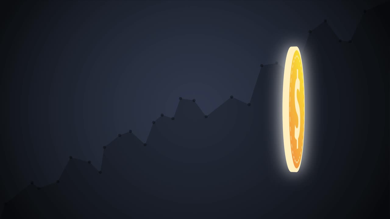 la moneda de un dólar estadounidense gira sobre un fondo negro con un gráfico que sube