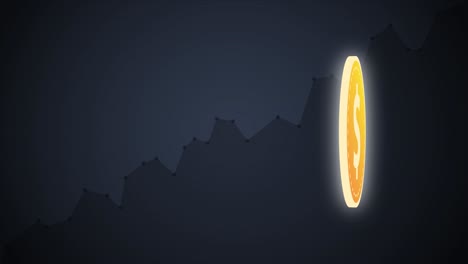 usd dollar coin spins on black background with graph going up