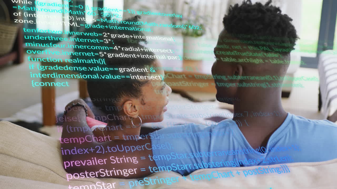 Animation of data processing over african american couple embracing on sofa