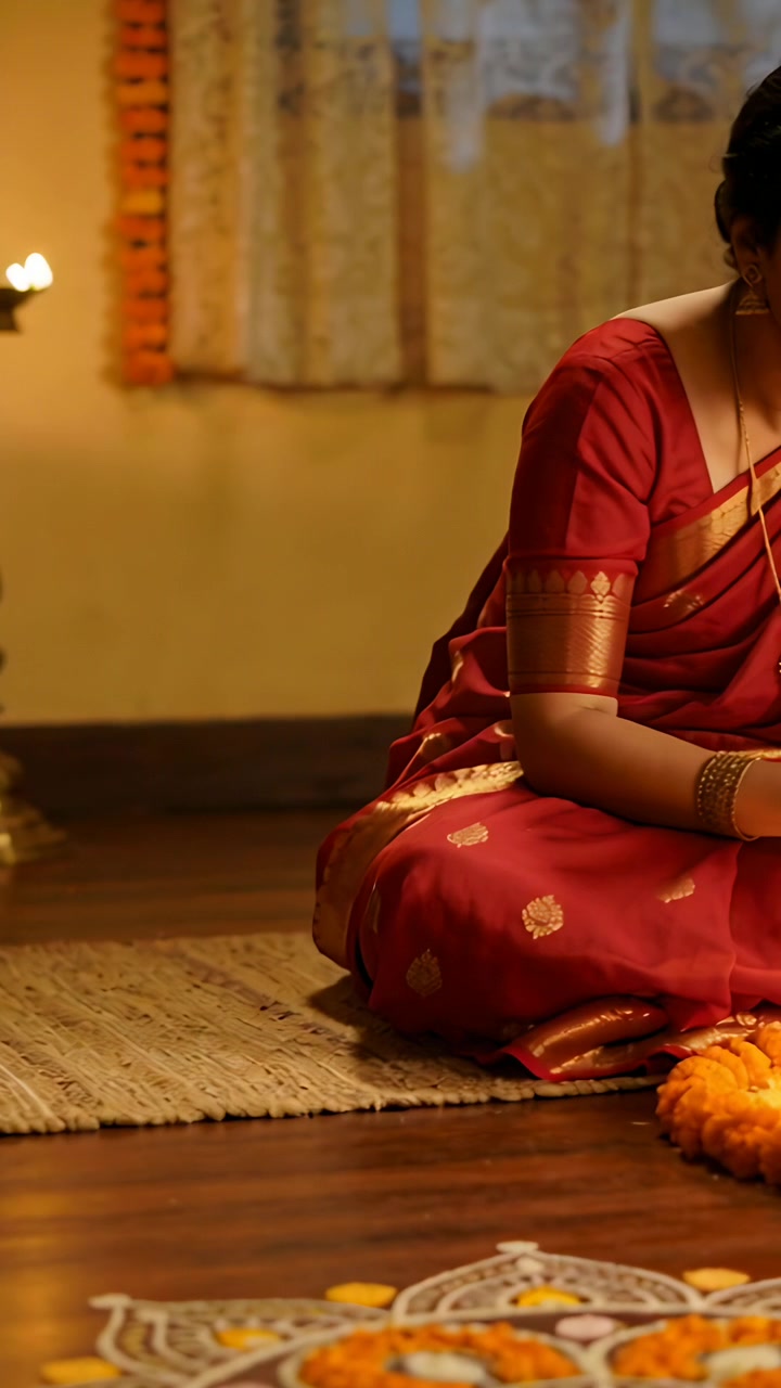 Video verticale: La telecamera panoramica mostra una donna in sari rosso che posiziona una calendula vicino a un rangoli a casa per un rituale.