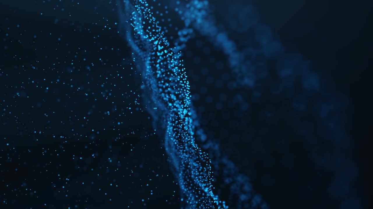 Abstract motion background of shining particles. Digital signature with wave particles, sparkle. Beautiful blue floating particles with shine light rise up. Seamless Loopable 3D. 4K animation