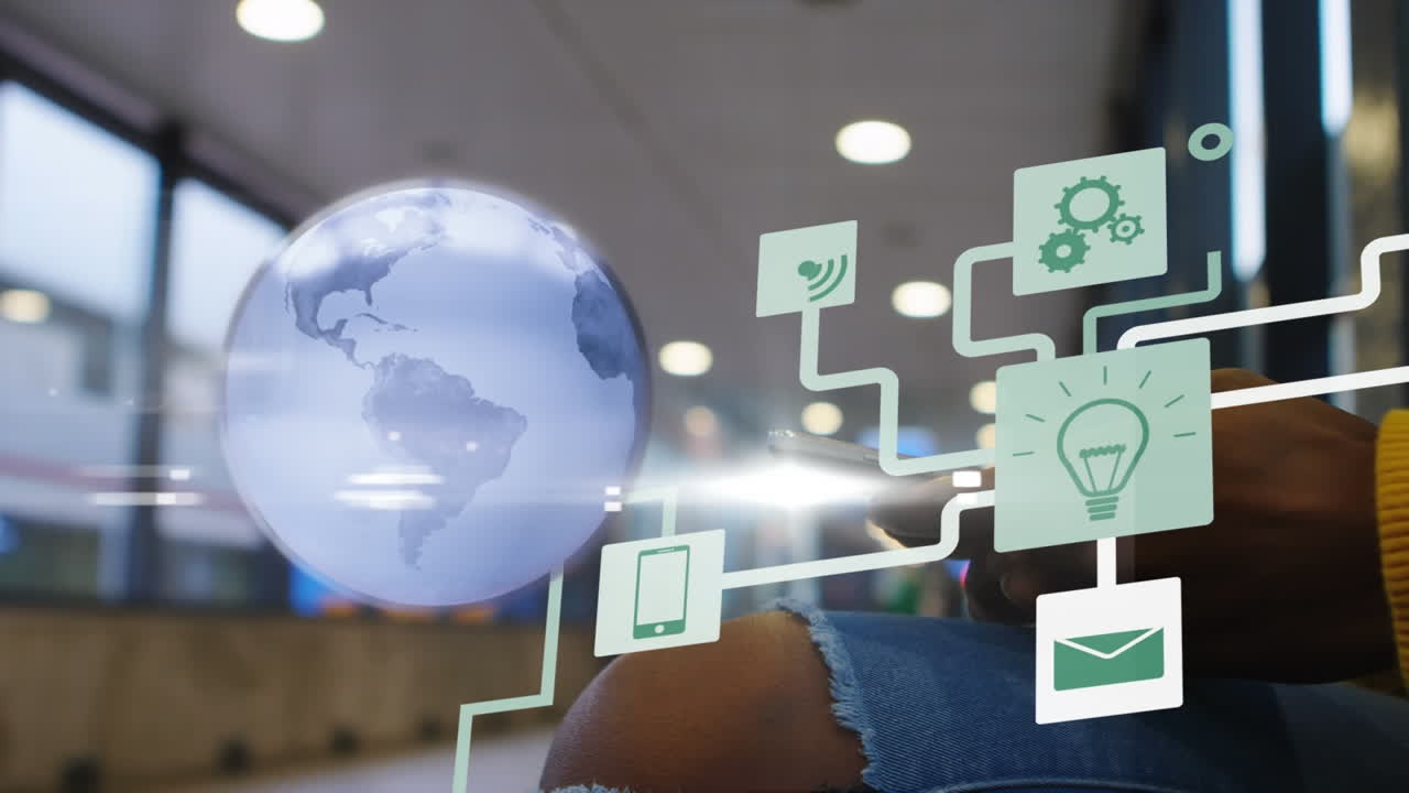 Animation of network of connections with icons over woman using smartphone