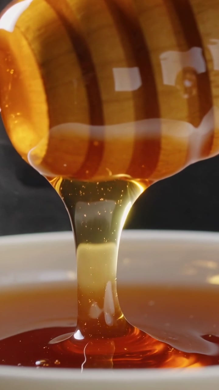 Miele d'oro che gocciola da un cucchiaio di legno in una ciotola