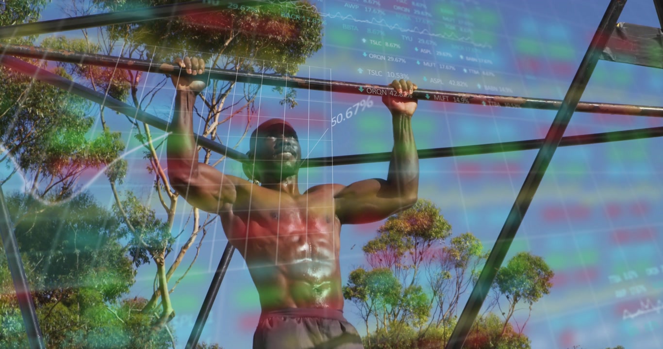 Shirtless man reaching up grasping bar and animating stock charts during pullups tracking strength