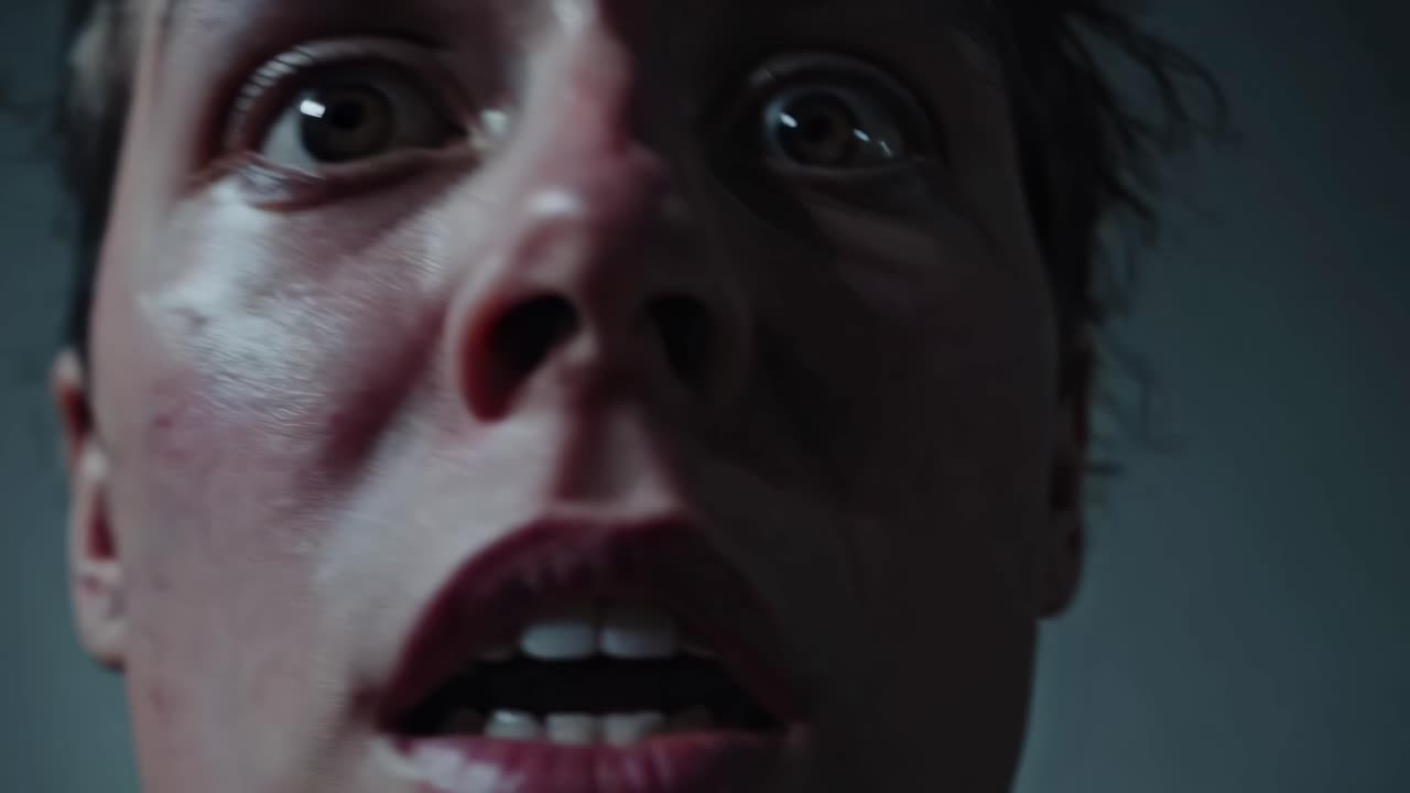 Close-up shot of a person's shocked expression, capturing intense emotion