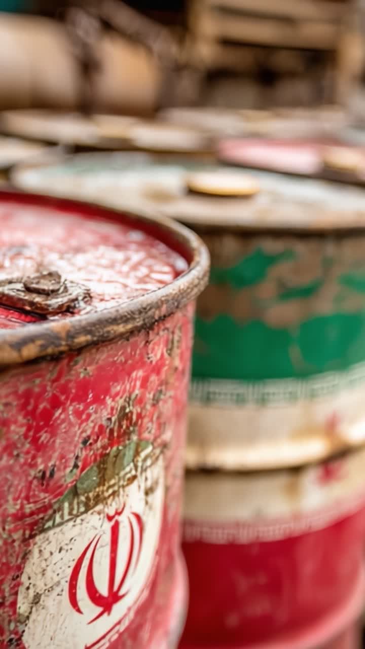 Uno sguardo ravvicinato a fusti di petrolio consumati dalle intemperie, con colori e motivi distintivi, caratterizzati da ruggine e usura dovute all'esposizione ambientale in un contesto industriale.