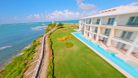 beautiful villas and lighthouse in senator puerto plata spa resort in dominican republic - aerial shot