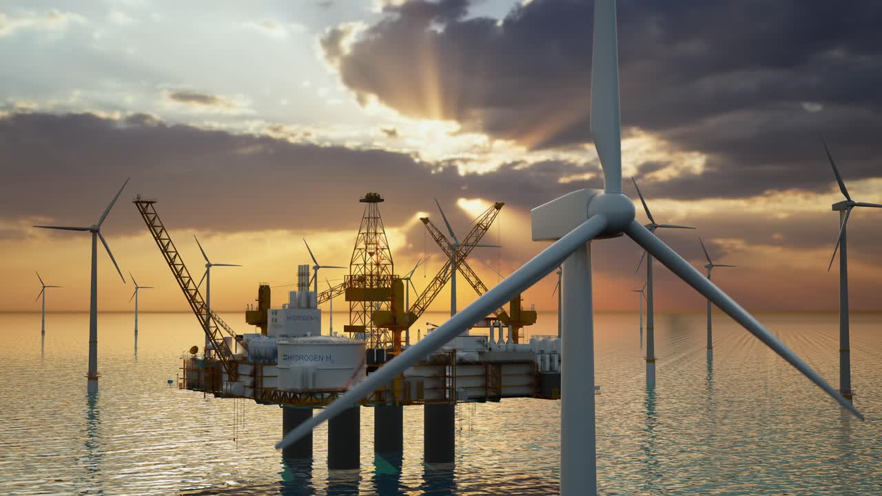Hydrogen Renewable Offshore Energy Production, Hydrogen Gas For Clean Electricity Solar And Wind Turbine Facility. 3D Rendering
