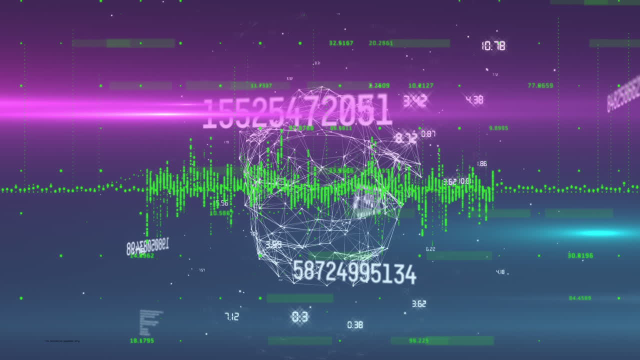 Animation of data processing over network of connections on purple background