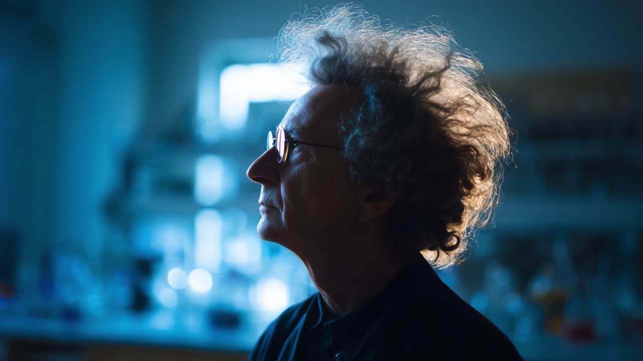 A Thoughtful Scientist in a Laboratory Contemplating Ideas with Experiments in the Background, Illuminated by Soft Lighting and His Unique Hair Style