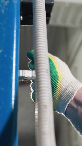 primer plano de la mano peluda del mecánico con un guante ajustando el mecanismo de elevación en el garaje, manga uniforme azul visible con fondo de pared de ladrillo, mantenimiento automotriz profesional