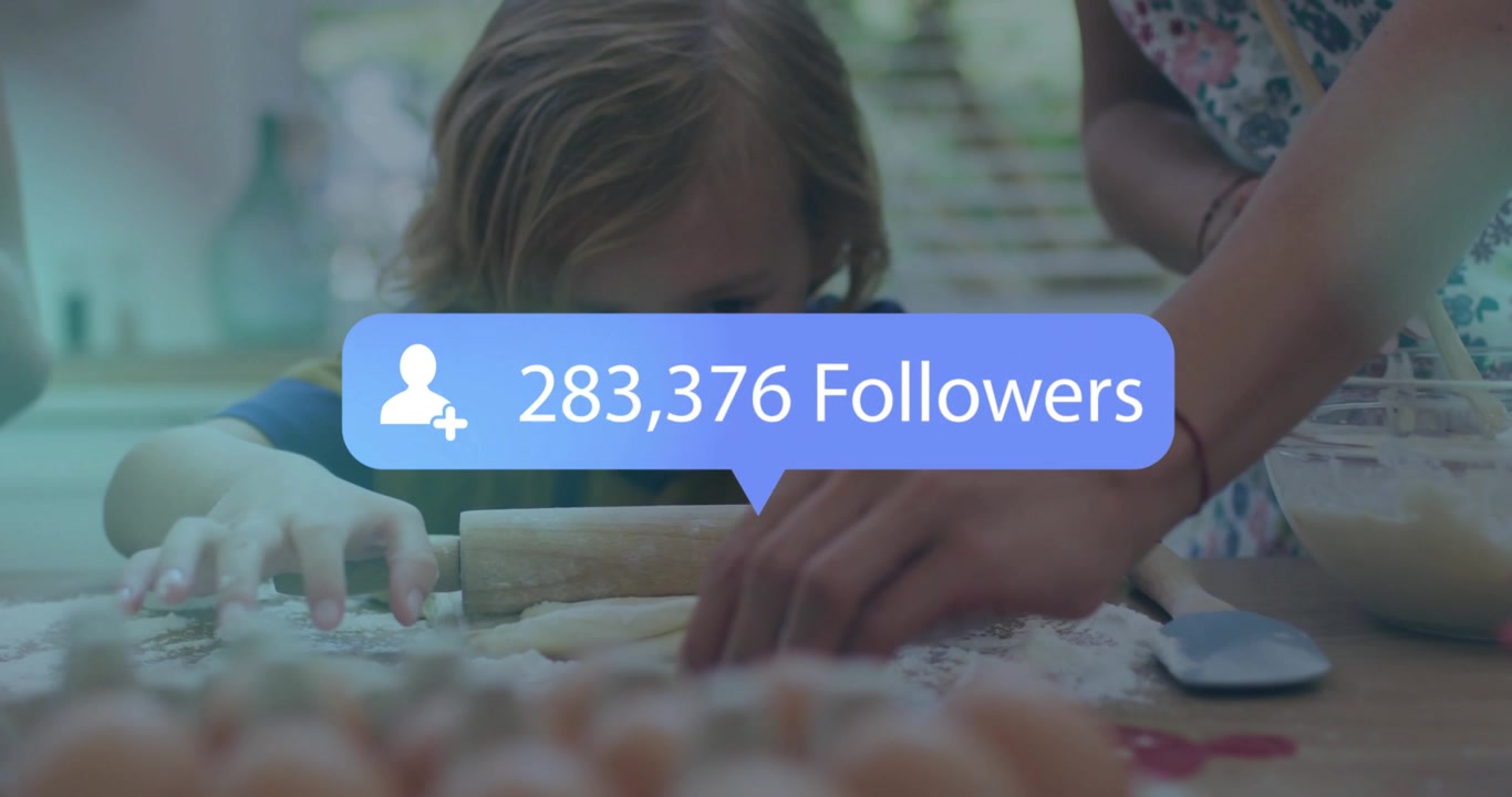 Fans popping, child rolling baking dough with rolling pin, adult stirring bowl, marking growth