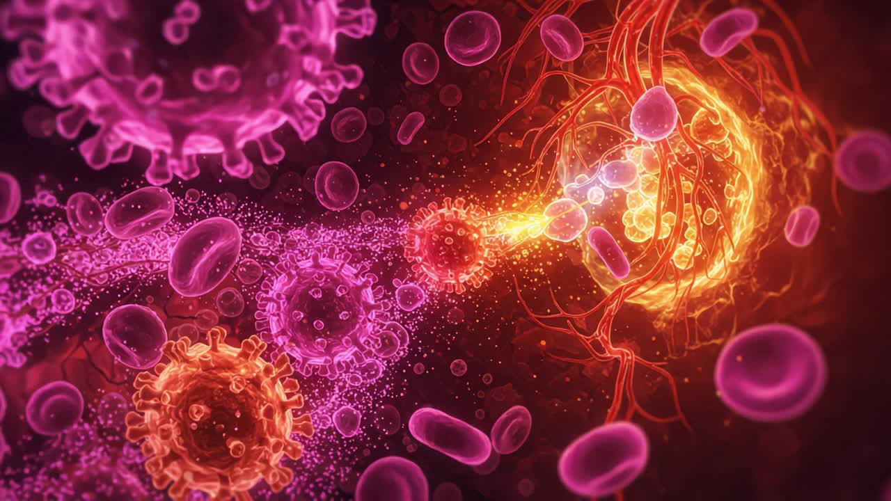 Detailed Visualization of Cellular Interactions: A Close-Up of Blood Cells and Viruses Engaging in a Lively and Dynamic Microenvironment Under a Microscope