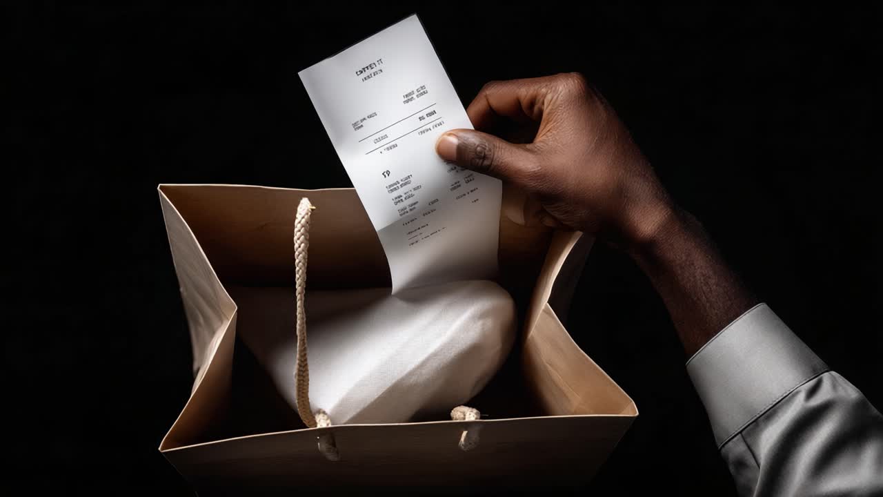 An Individual's Hand Reaches into a Shopping Bag to Remove a Receipt, Highlighting the Experience of a Recent Purchase in A Stylish Dark Background