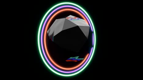 luces borrosas de neón. anillos de neón giran alrededor de un poliedro negro capaz de buclear sin problemas 4k