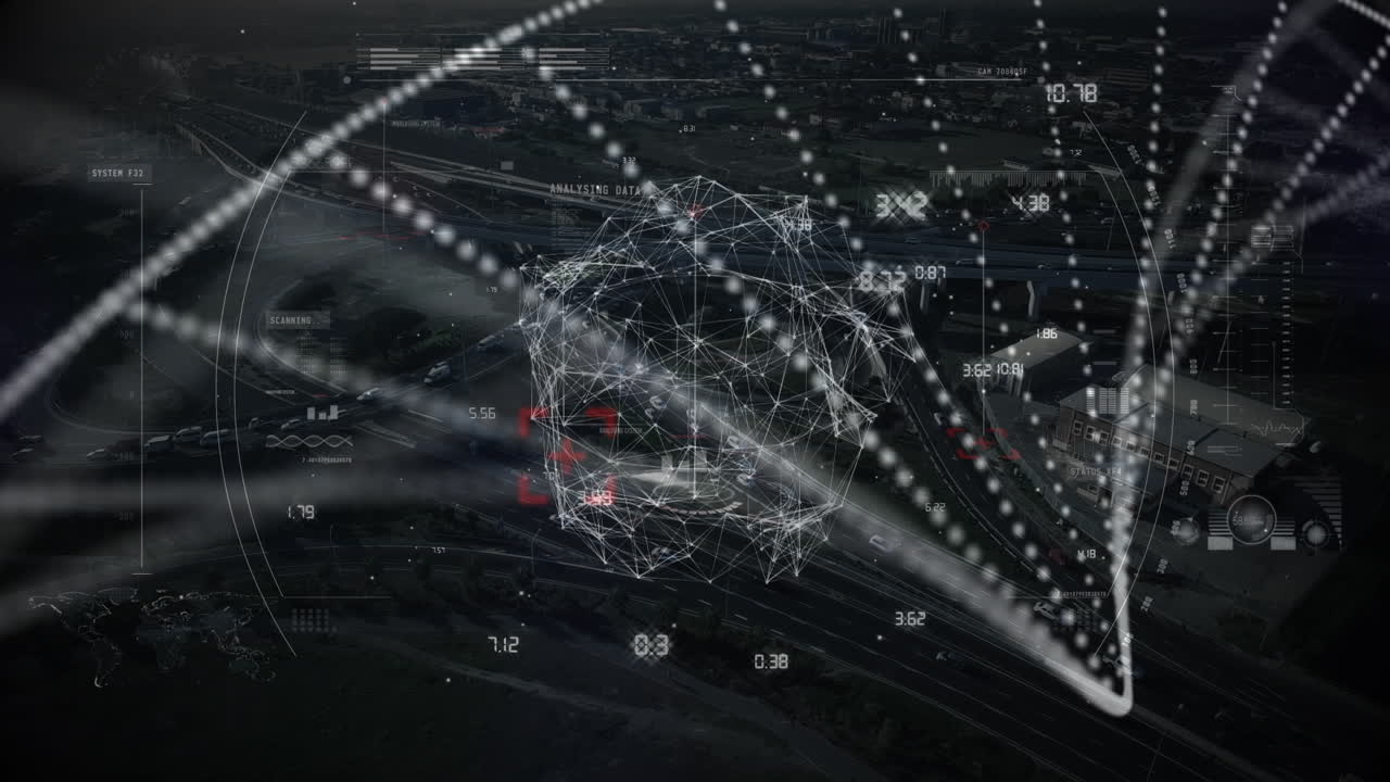 Animation of scope scanning and dna strand over cityscape