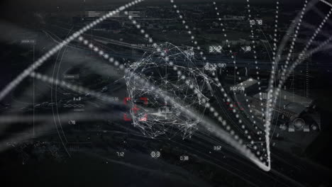 animation of scope scanning and dna strand over cityscape