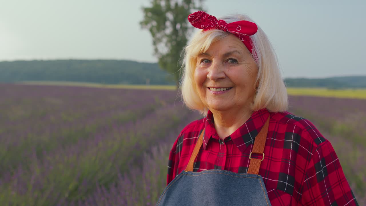 Portret van oudere boerin-oma in een biologisch veld waar paarse lavendelbloemen groeien.