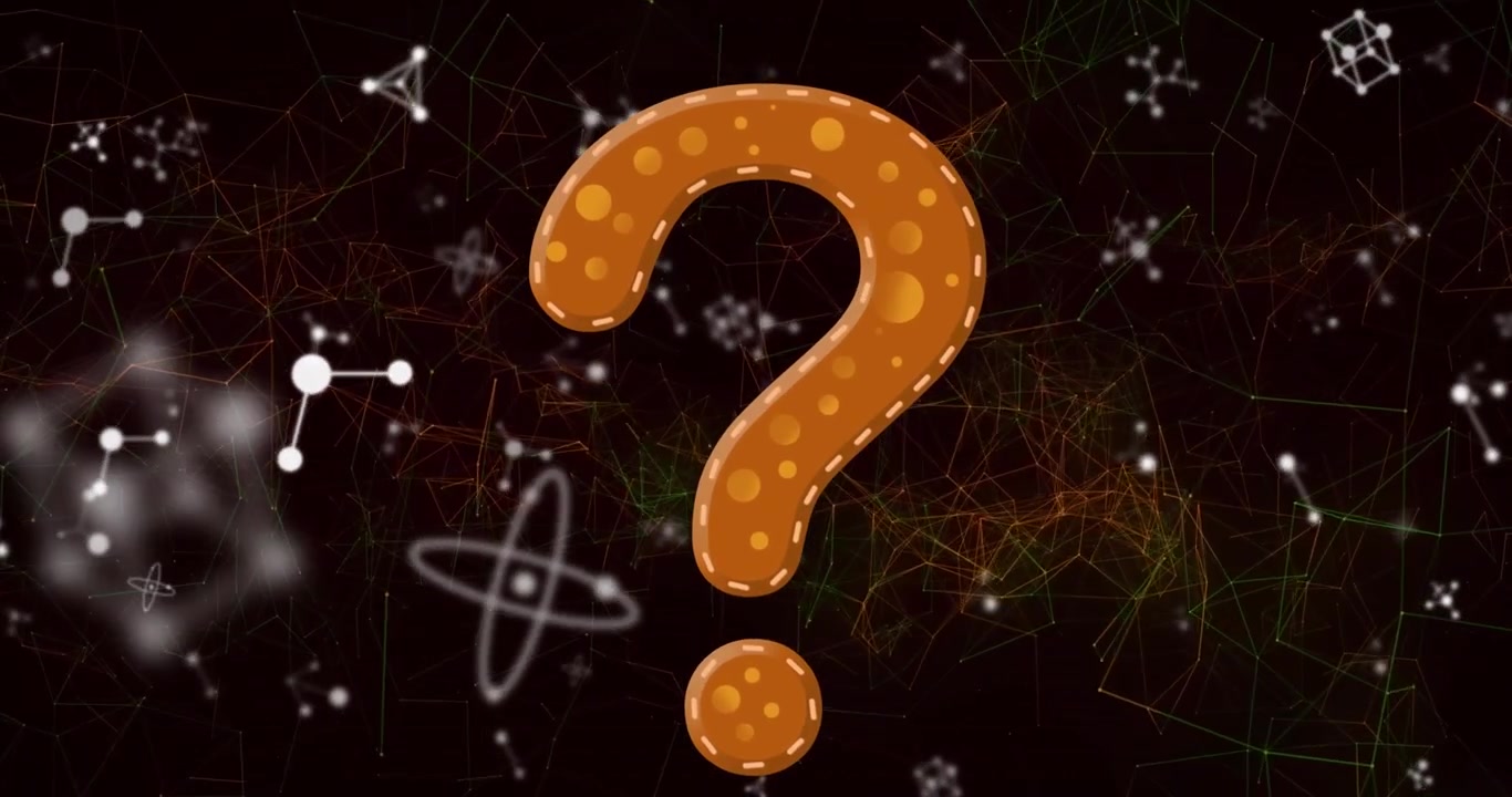 Animazione di icona a punto interrogativo su rete di connessioni e molecole su sfondo nero