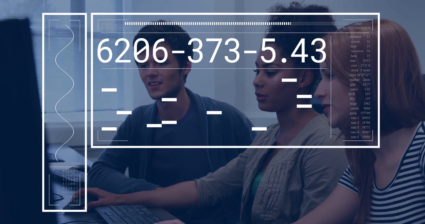 Center female typing keys in computer lab, updating HUD overlay numeric codes and bars for teamwork