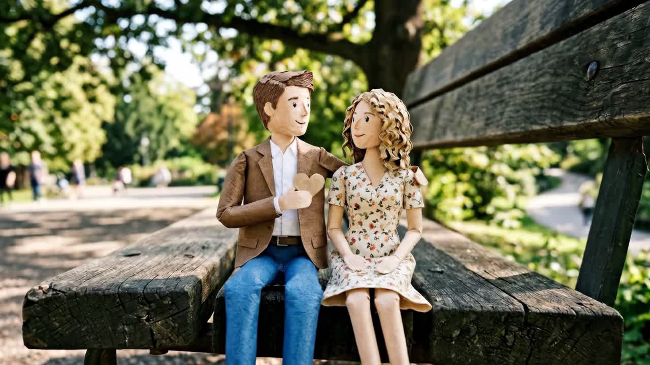 Animated Couple Sharing a Heart on a Park Bench