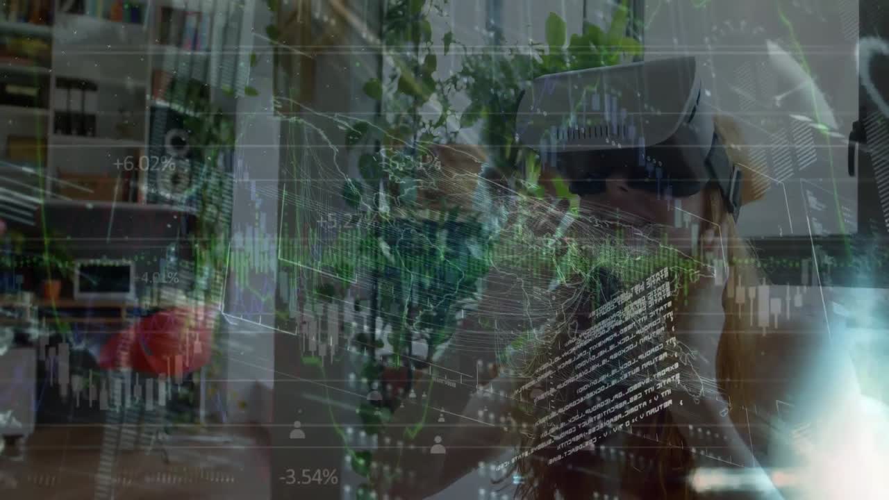 Animation of data processing over caucasian woman using vr headset