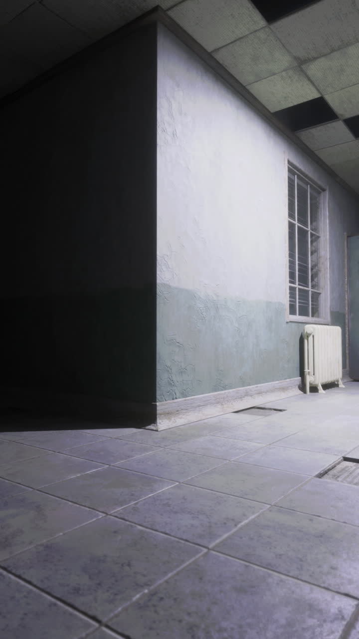 Mysterious empty corridor in a dimly lit abandoned building at night