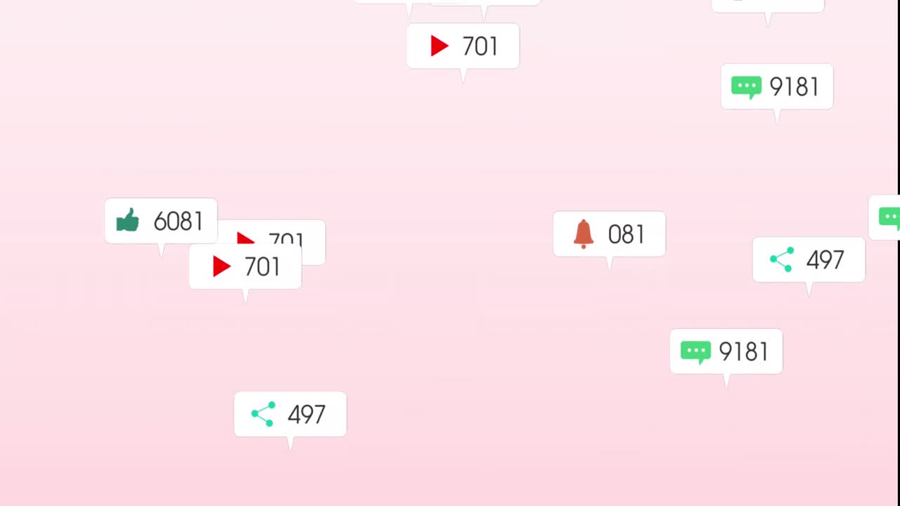 추상적인 배경에 대한 알림 바에서 변화하는 숫자와 아이콘의 애니메이션