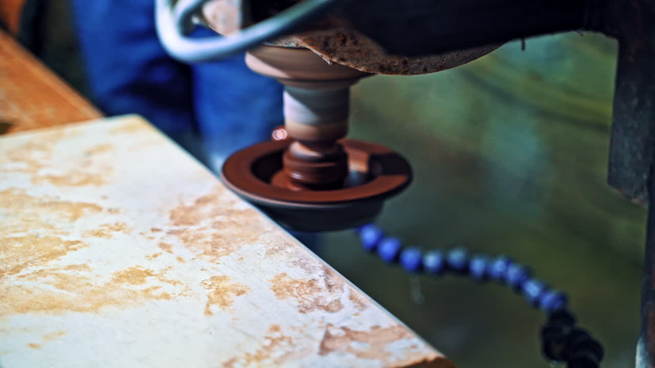 Grinding stone pavement. Close up of cutting sandstone by industrial circular saw blades