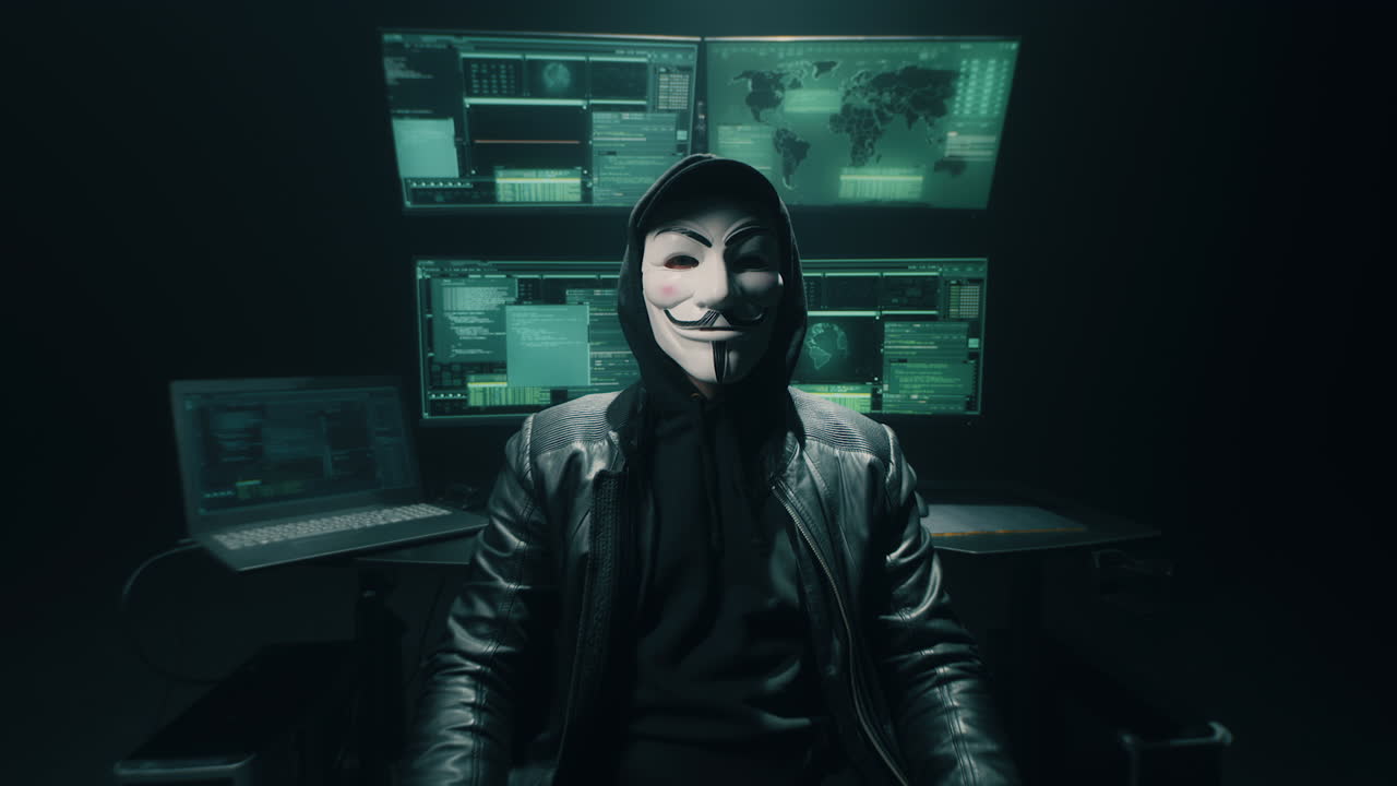 Hacker in Anonymous Mask Working on Computers in a Dark Room