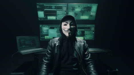 hacker in anonymous mask working on computers in a dark room
