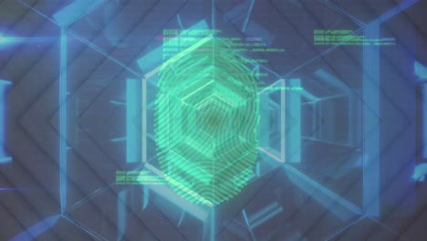 Animation-of-biometric-fingerprint-and-data-processing-over-glowing-hexagons