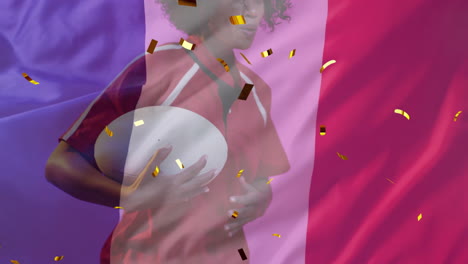 animación de confeti y bandera de francia sobre una mujer biracial jugando al rugby