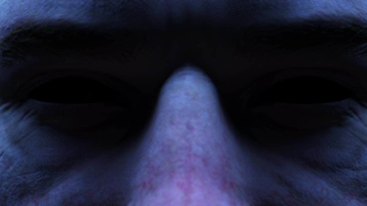 공허한 검은 눈을 가진 남자의 무서운 위협적인 시선. 근접. 공포 개념. 영화적 조명과 함께 원활한 루프 캐릭터 얼굴 애니메이션. 3d 렌더링.