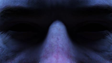 mirada amenazante aterradora de un hombre con ojos negros vacíos de primer plano. concepto de horror. animación facial de carácter de bucle sin costuras con iluminación cinematográfica. render 3d