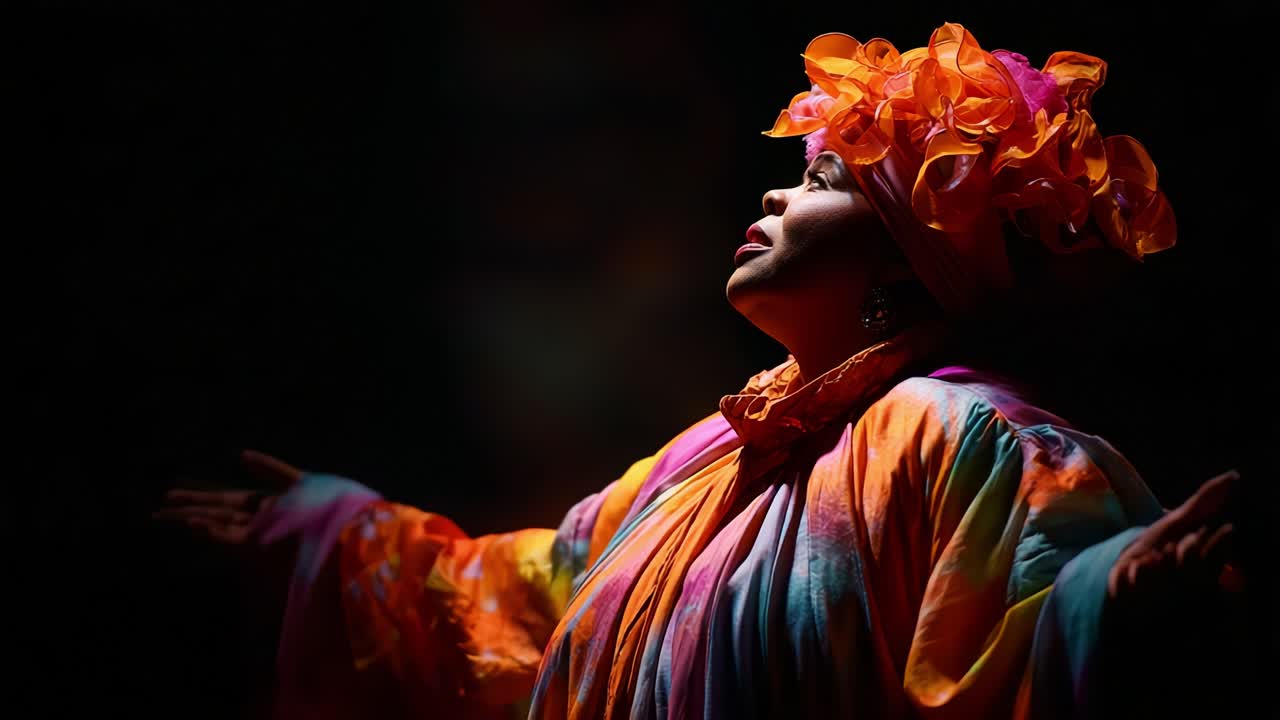 A vibrant, colorful performance featuring an expressive artist adorned ...