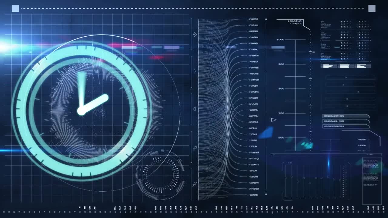 다양한 데이터와 함께 화면 위로 움직이는 시계의 애니메이션