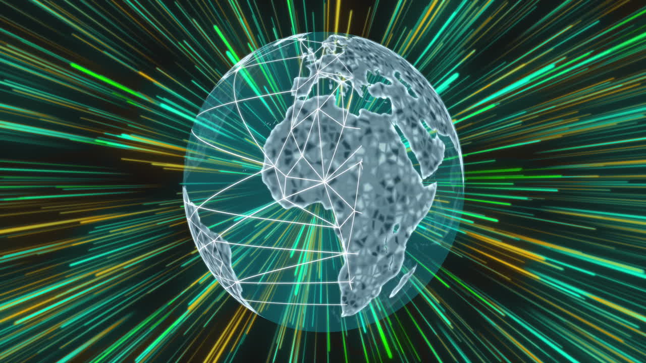 animación de la red de conexiones en todo el mundo y senderos de luz brillantes.