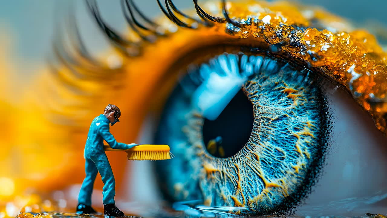 Cleaning an eye with a tiny person using a brush during a close-up scene