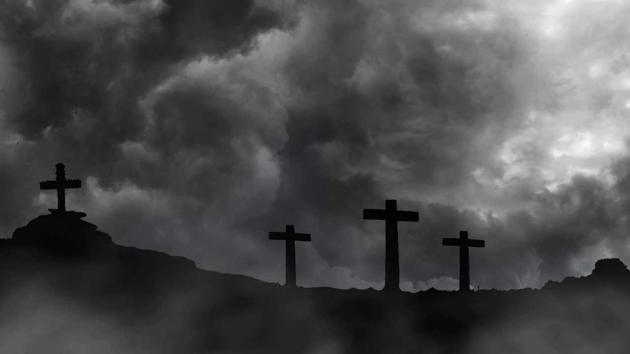 crosses are on the rocks silhouettes and thunderstorms