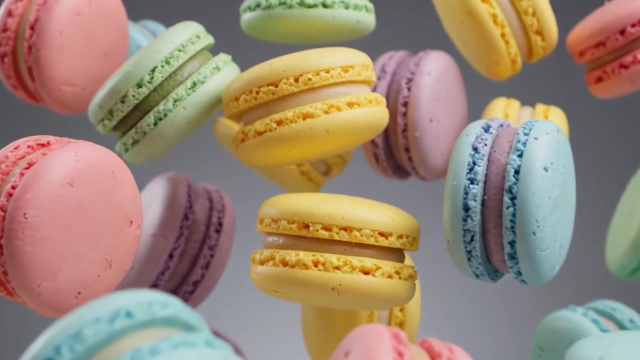 A Vibrant Collection of Colorful Macarons Floating in the Air, Showcasing Their Distinct Shapes and Colors Against a Soft Background for an Irresistible Visual Delight