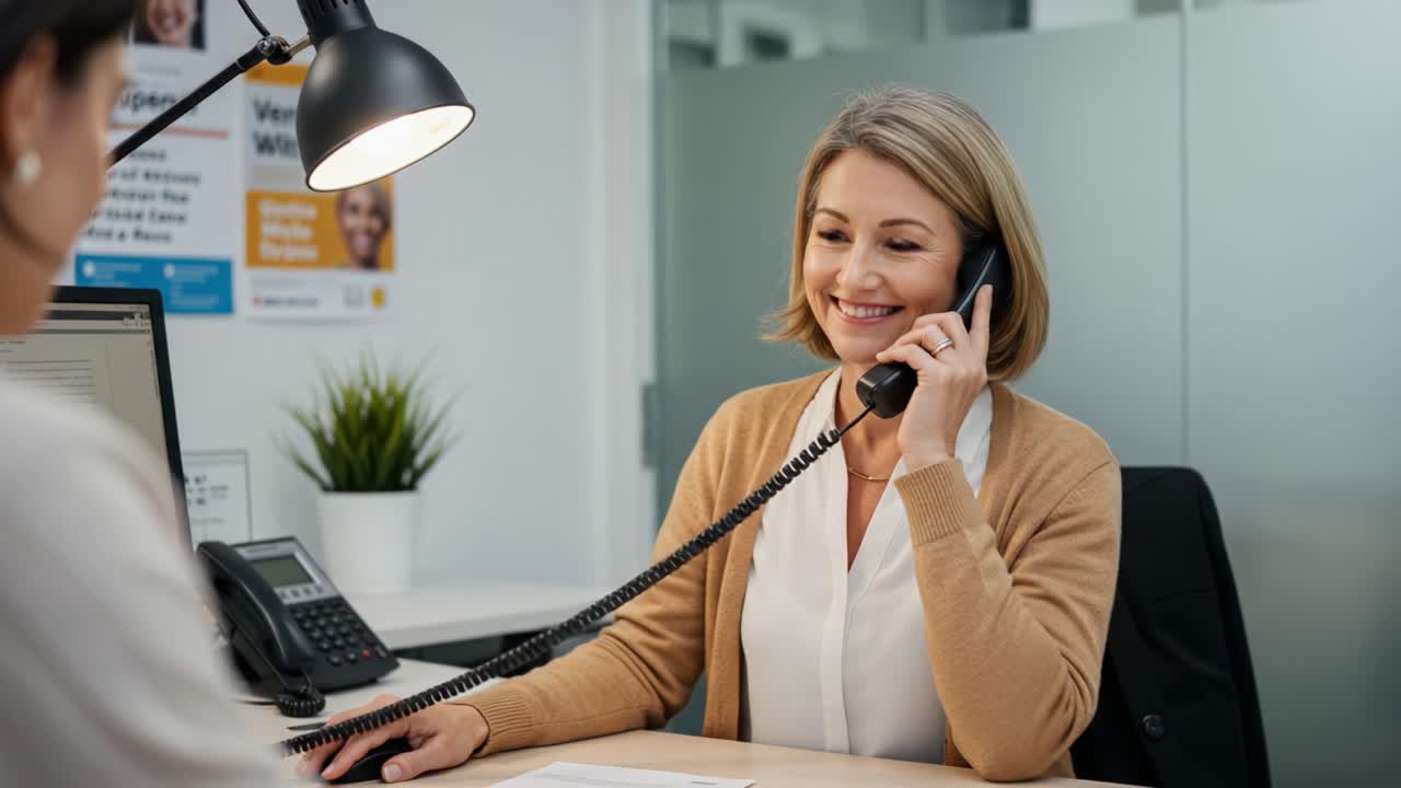 A Cheerful Businesswoman Engaging in a Phone Conversation, Demonstrating Professionalism and Approachability in the Workplace Environment