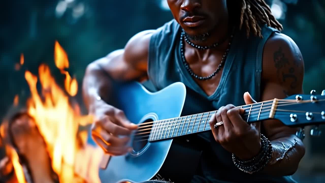 Un uomo che suona la chitarra davanti al fuoco
