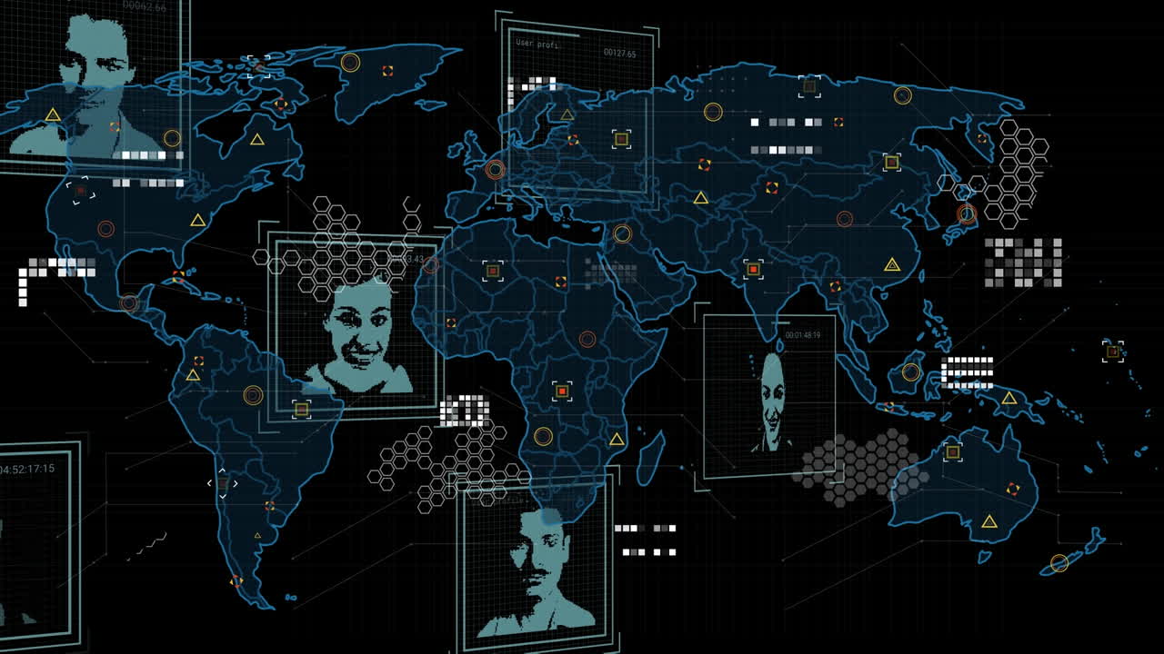 animación del procesamiento de datos con personas y mapa del mundo sobre fondo negro